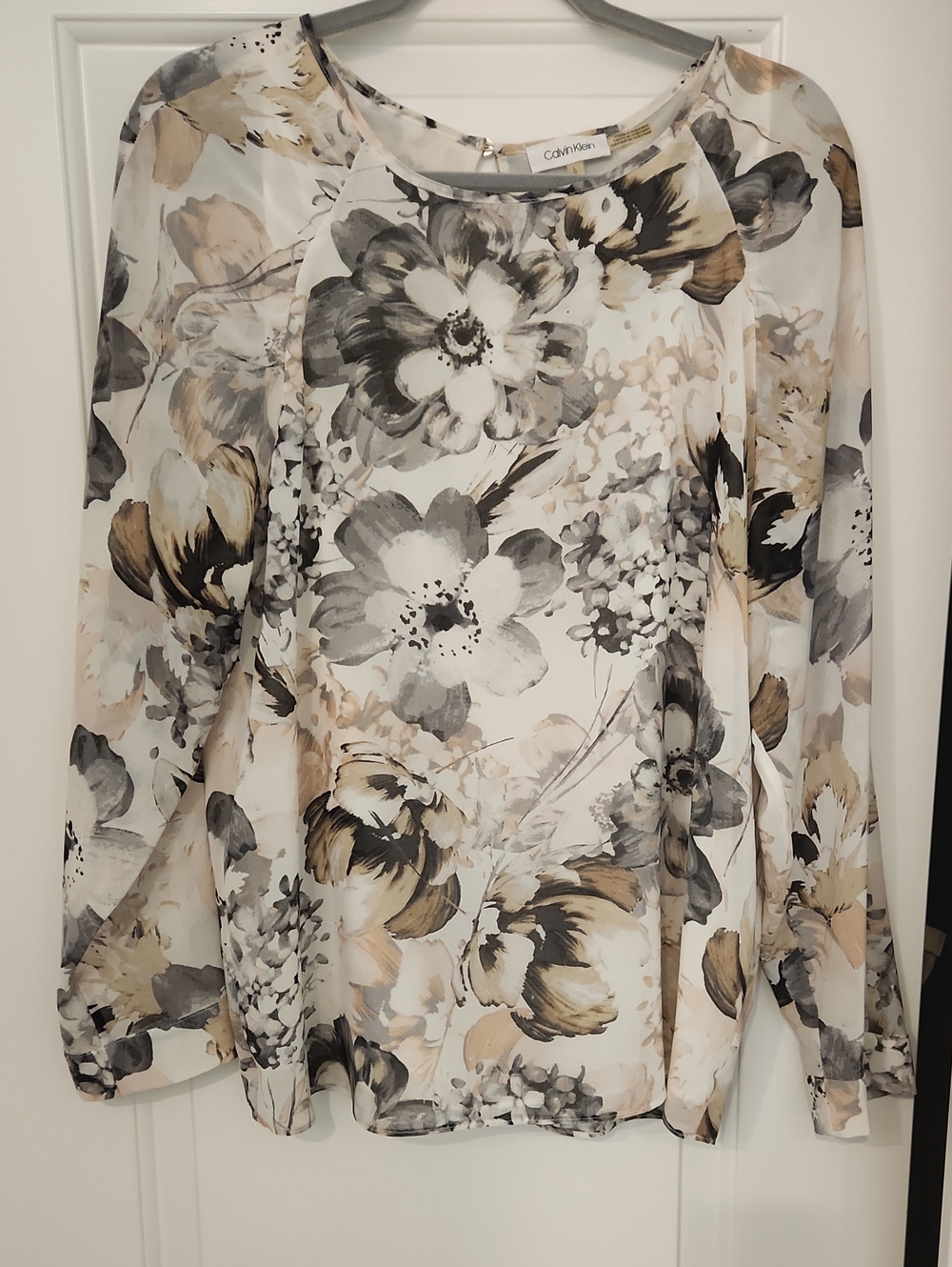 Calvin Klein Neutral Floral Long-Sleeve Blouse - Cream, Gray, Tan